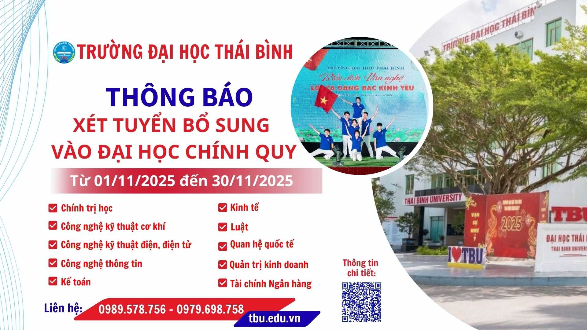 XÉT TUYỂN BỔ SUNG VÀO ĐẠI HỌC CHÍNH QUY NĂM 2025 TỪ NGÀY 01/11/2025 ĐẾN 30/11/2025
